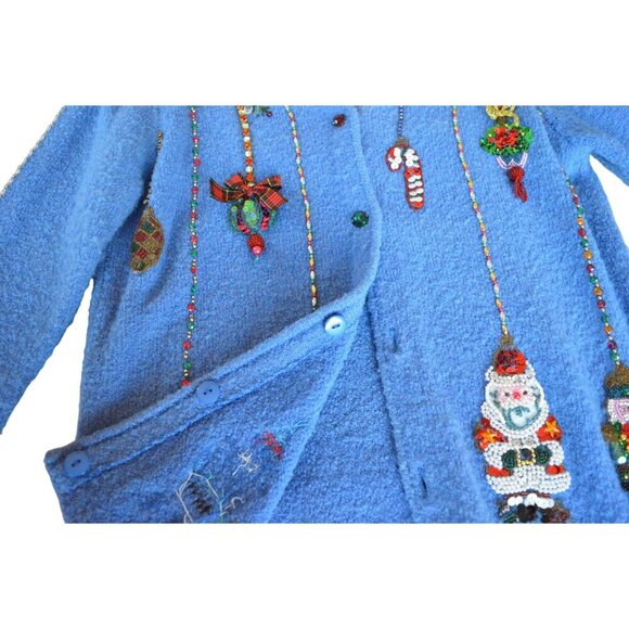 Vintage Berer By Takako Sakon 90s 3D Sequin Wool Blend Blue Holiday Cardigan Wom - Picture 7 of 16